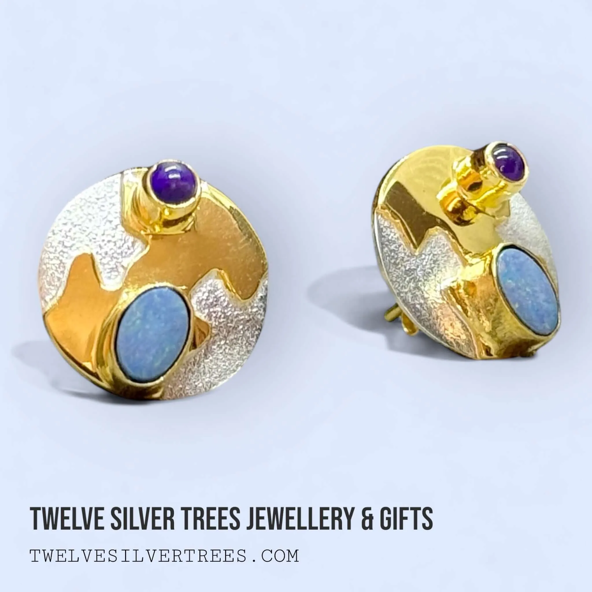 Monet Reflections Water Lily Stud Earrings - Sterling Silver with Opal & Amethyst