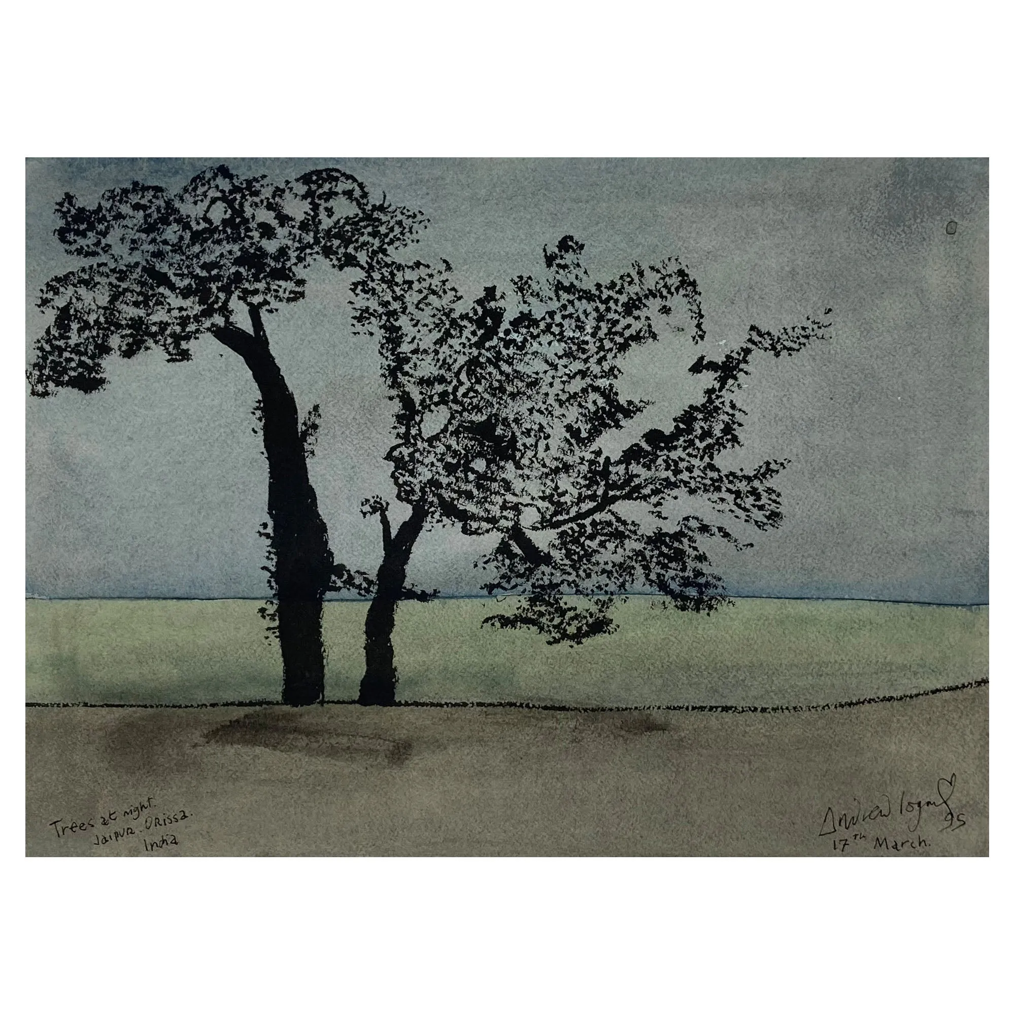 ORIGINAL WATERCOLOUR OF TREES AT NIGHT IN INDIA - ANDREW LOGAN 1995