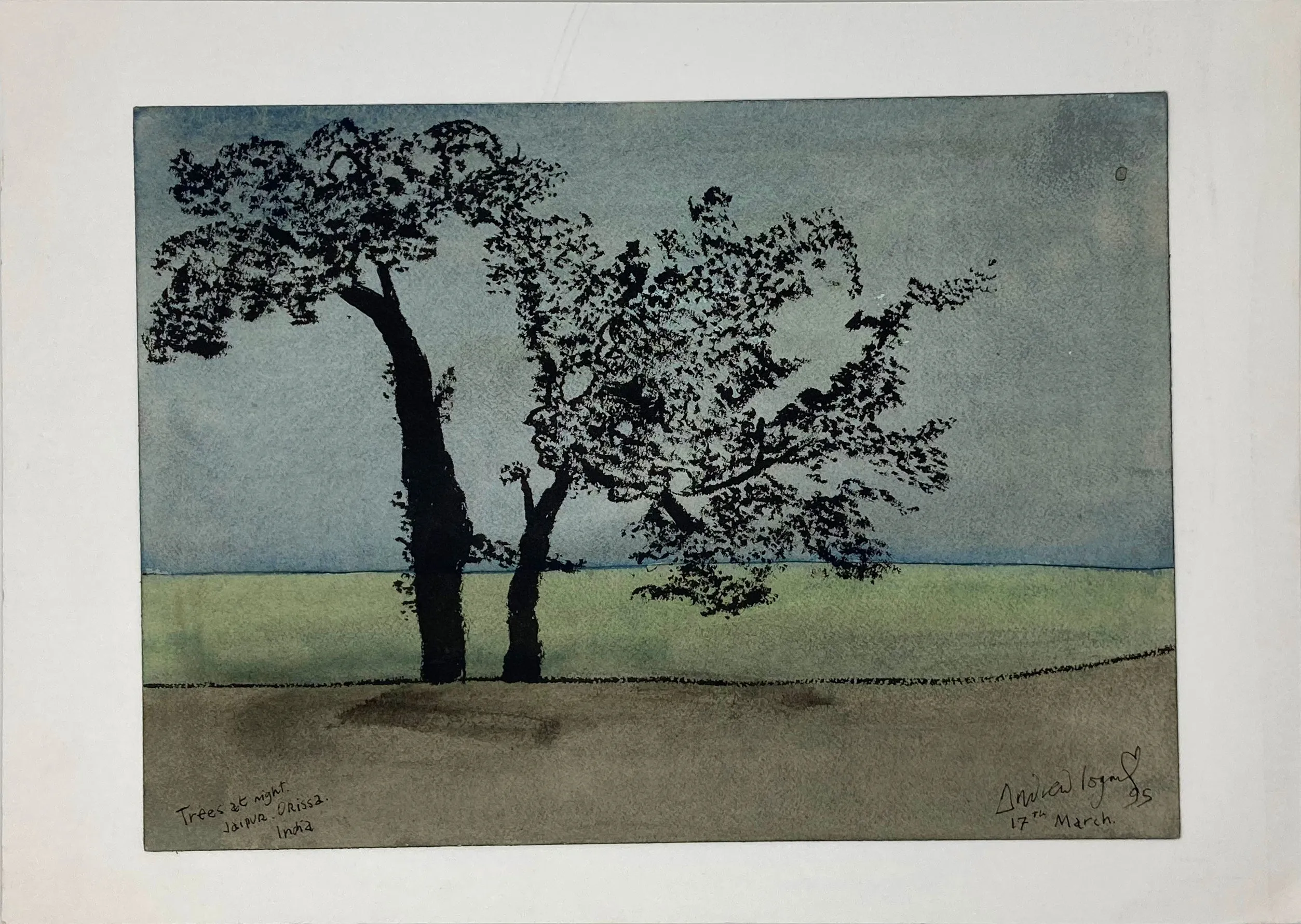 ORIGINAL WATERCOLOUR OF TREES AT NIGHT IN INDIA - ANDREW LOGAN 1995