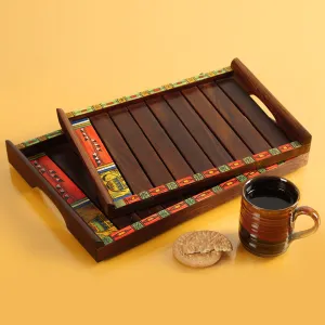 'Paints & Planks' Madhubani Handpainted Nested Trays In Sheesham Wood (Set Of 2)