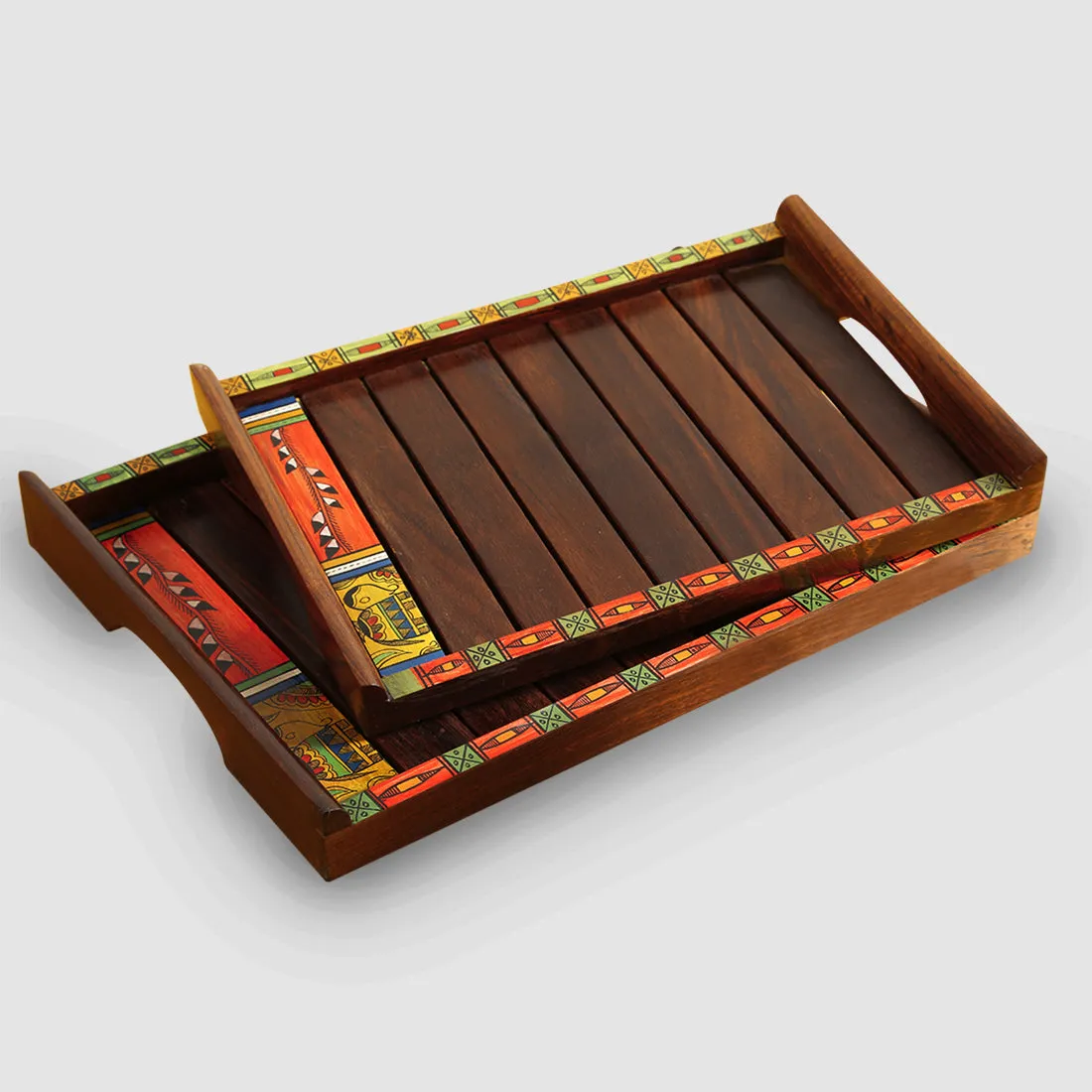 'Paints & Planks' Madhubani Handpainted Nested Trays In Sheesham Wood (Set Of 2)