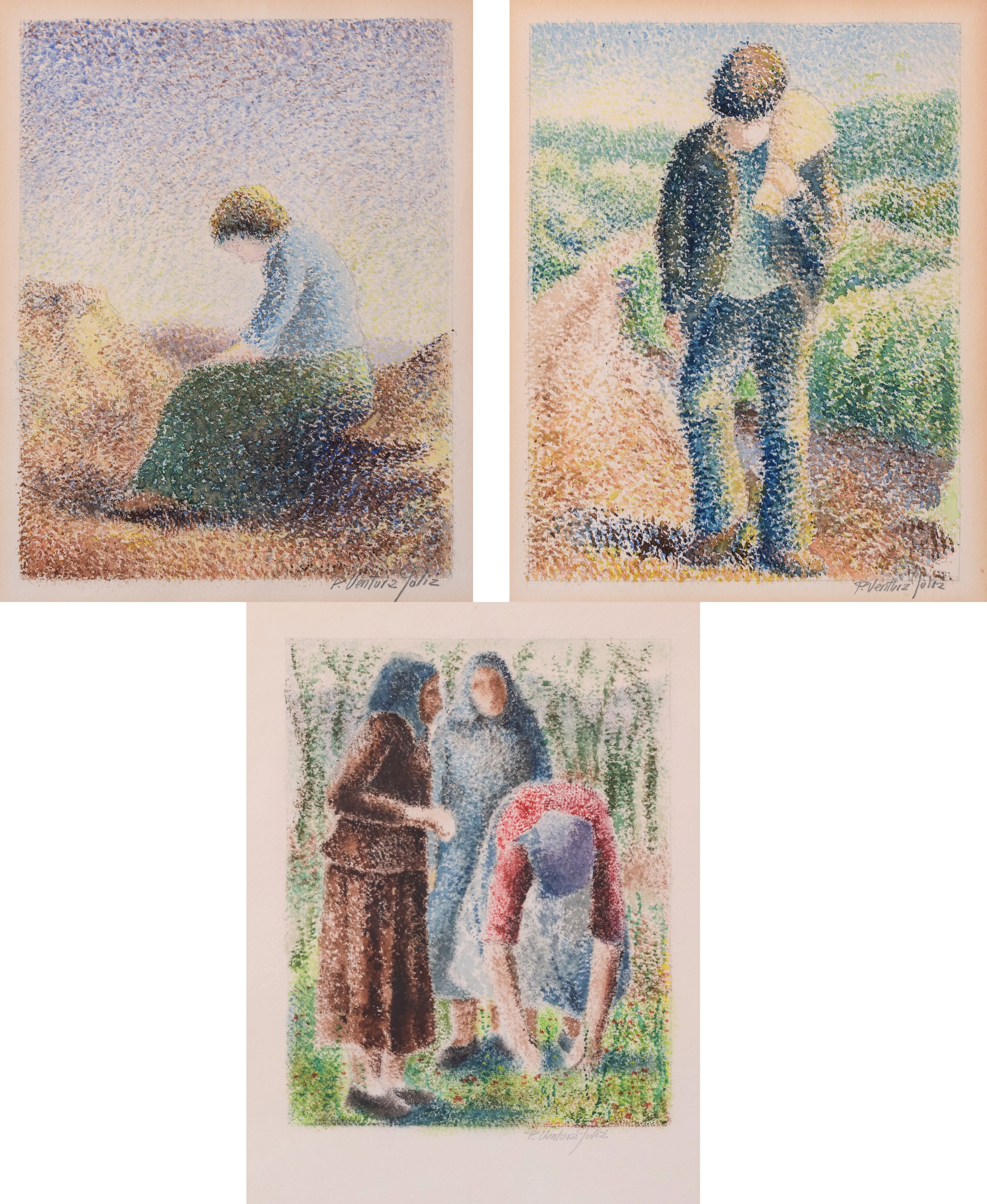 Pere Ventura Julia - Three Pointillist Watercolours