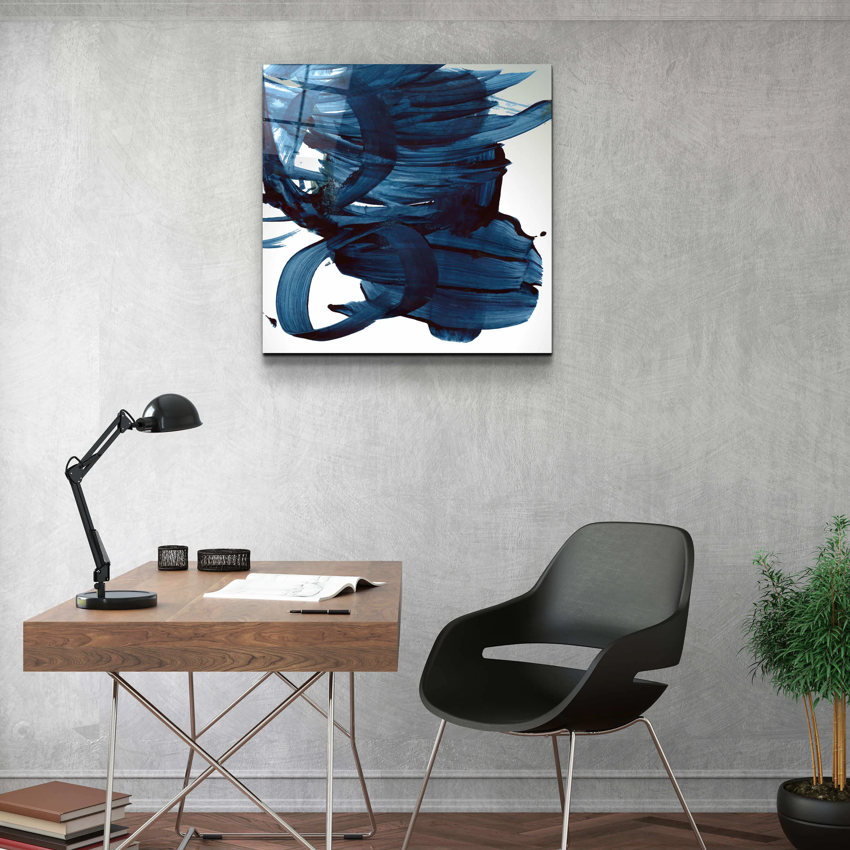 ."Navy Blue Abstract Brush Strokes". Designer's Collection Glass Wall Art