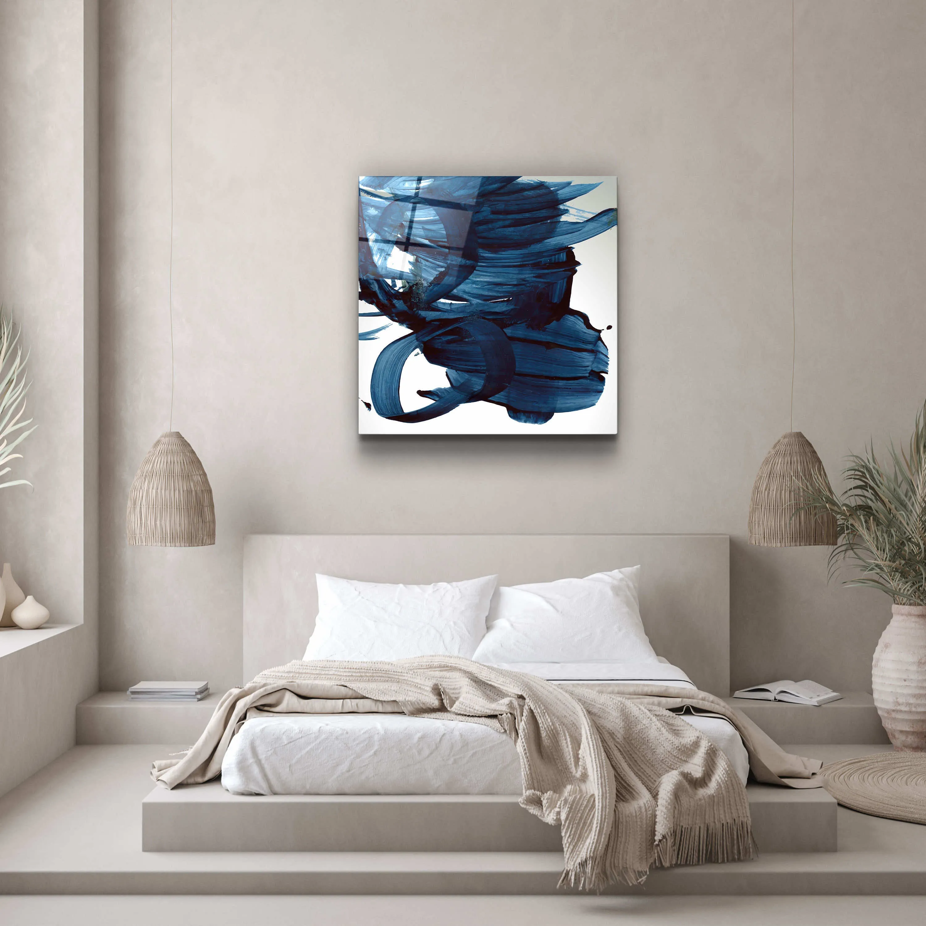 ."Navy Blue Abstract Brush Strokes". Designer's Collection Glass Wall Art