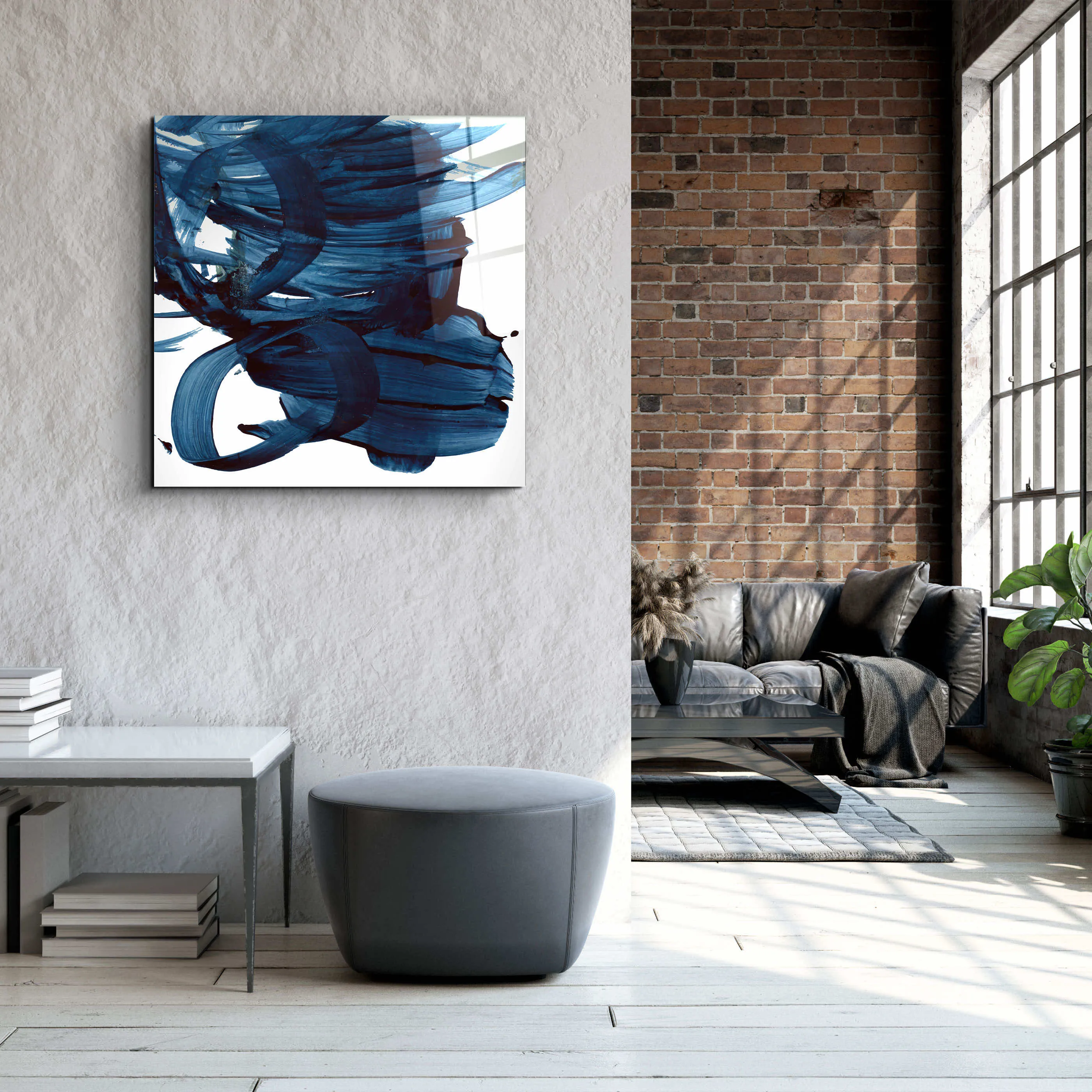 ."Navy Blue Abstract Brush Strokes". Designer's Collection Glass Wall Art