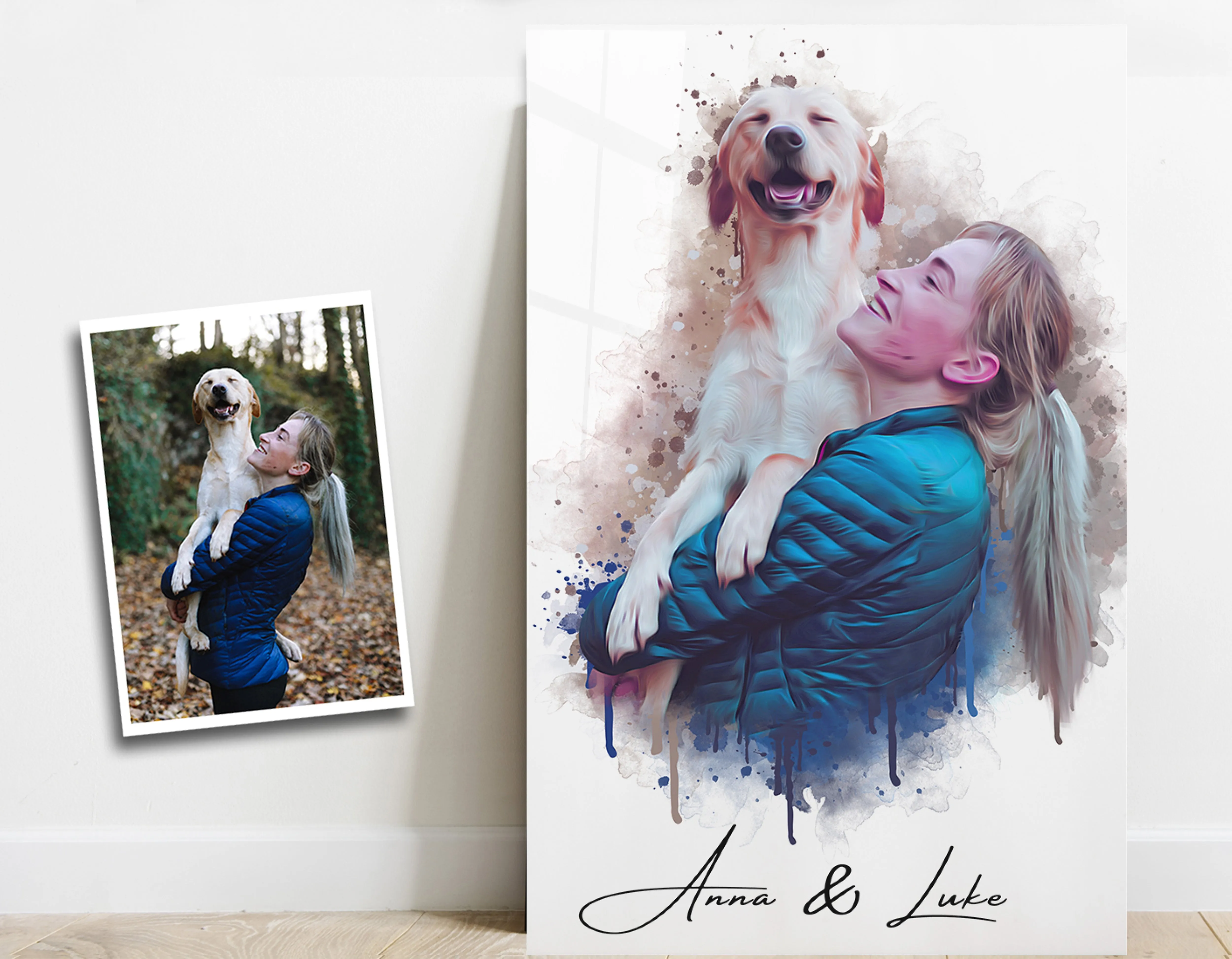 ."Watercolor Portrait - You & Your Pet - Custom Printing". Glass Wall Art