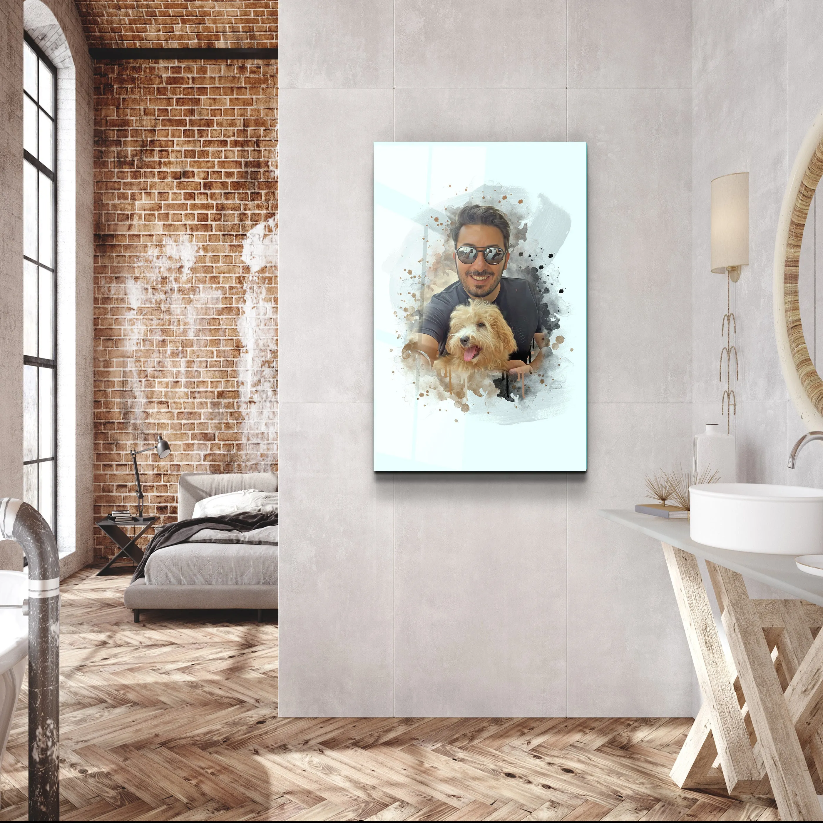 ."Watercolor Portrait - You & Your Pet - Custom Printing". Glass Wall Art