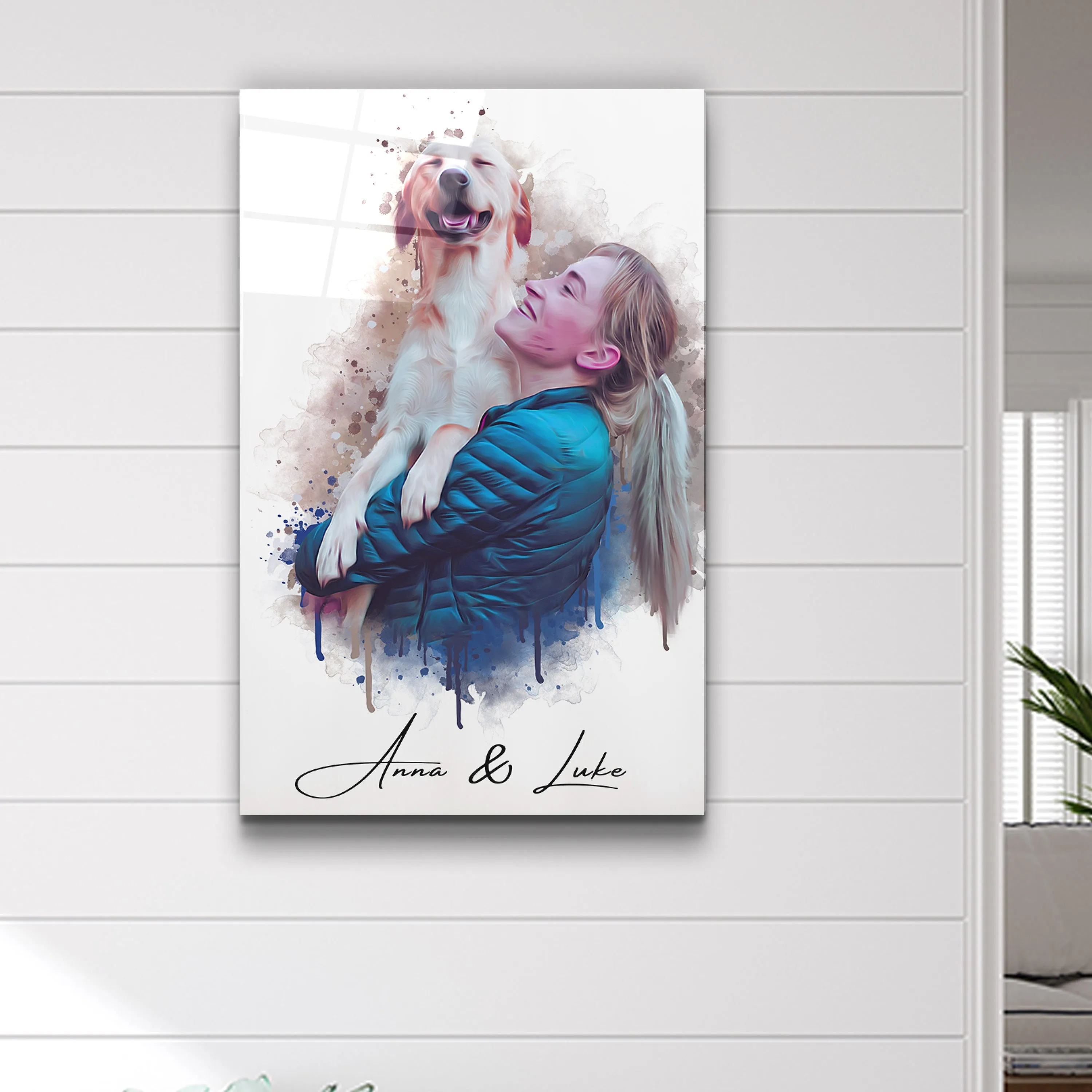 ."Watercolor Portrait - You & Your Pet - Custom Printing". Glass Wall Art