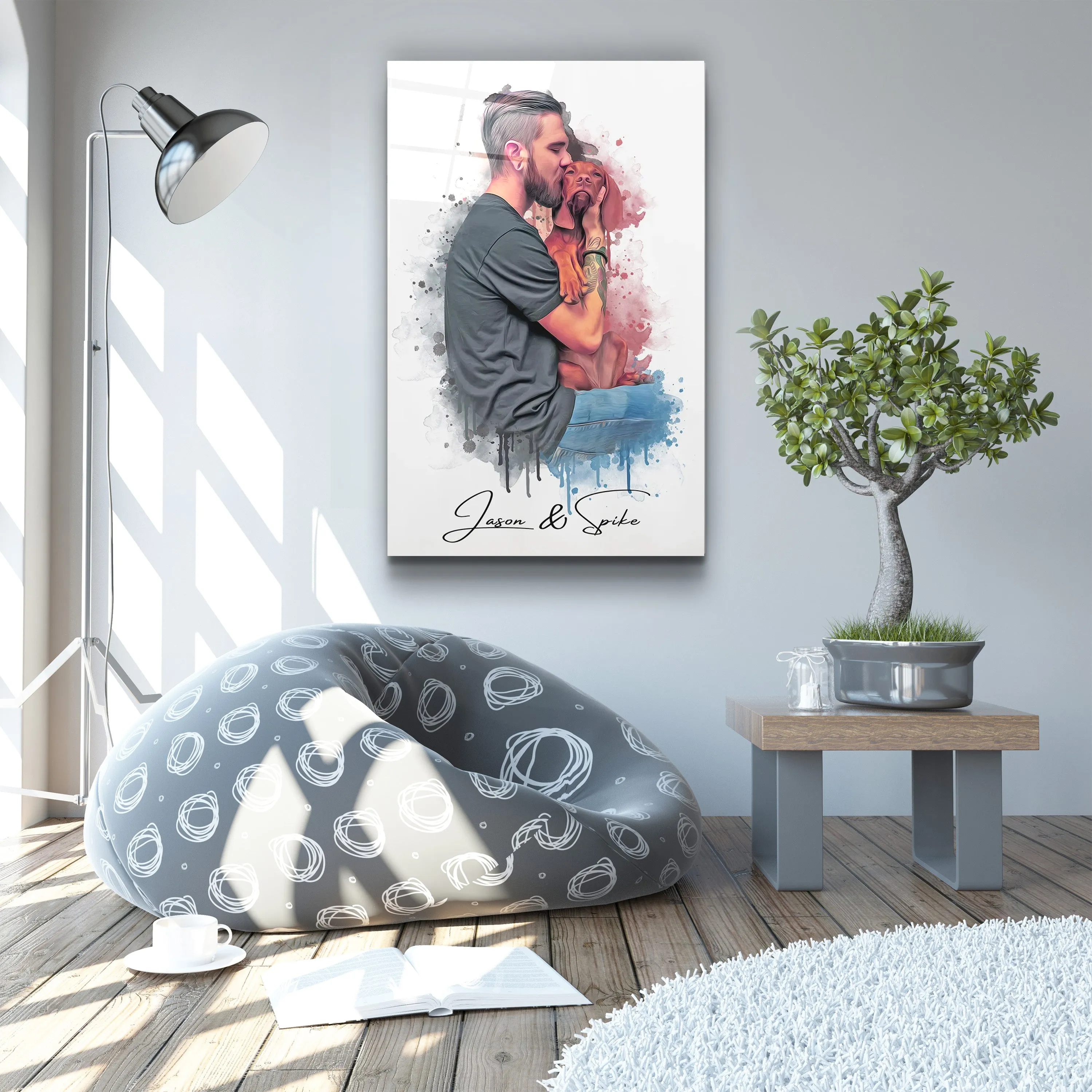 ."Watercolor Portrait - You & Your Pet - Custom Printing". Glass Wall Art