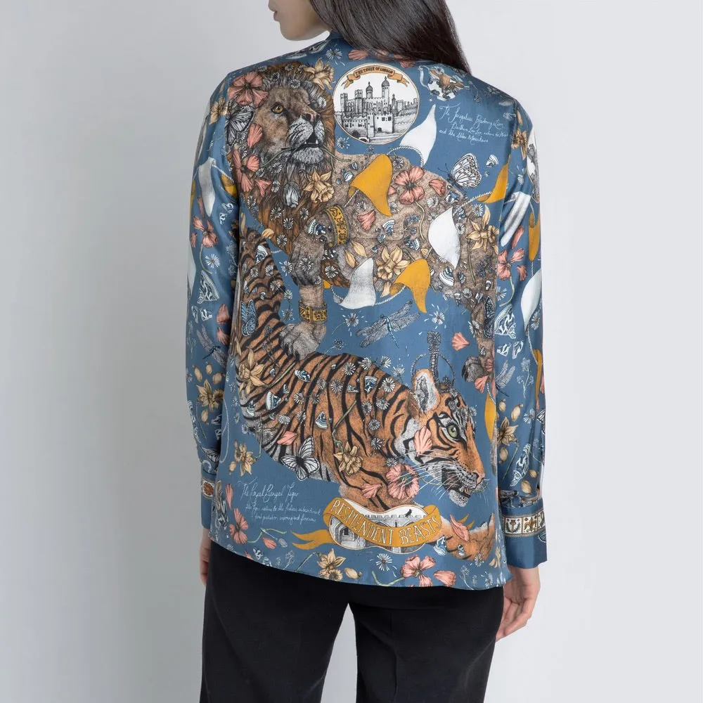 Sabina Savage "The Lion and Tiger's Tea" Loose Silk Shirt Sapphire