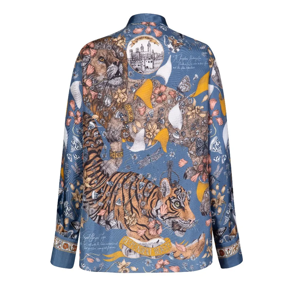 Sabina Savage "The Lion and Tiger's Tea" Loose Silk Shirt Sapphire