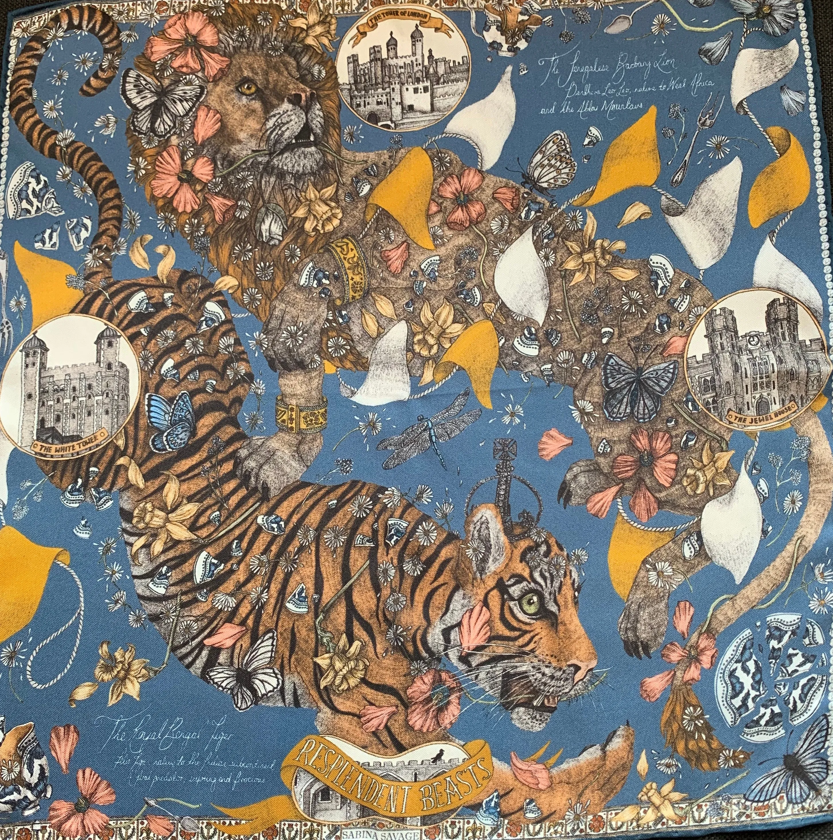 Sabina Savage "The Lion and Tiger's Tea"  Small Silk Scarf Sapphire