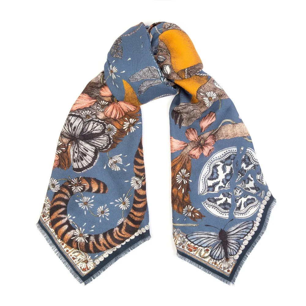 Sabina Savage "The Lion and Tiger's Tea"  Small Silk Scarf Sapphire