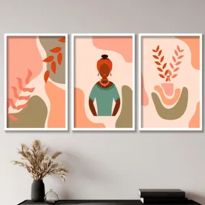 SAF paintings Set of 3 lady and flower pot Boho modern art design Premium white Framed Bohemian wall painting for for Wall, Home and Living Room Decoration 80 cms x 34.29 cms COMBO-2000-K3