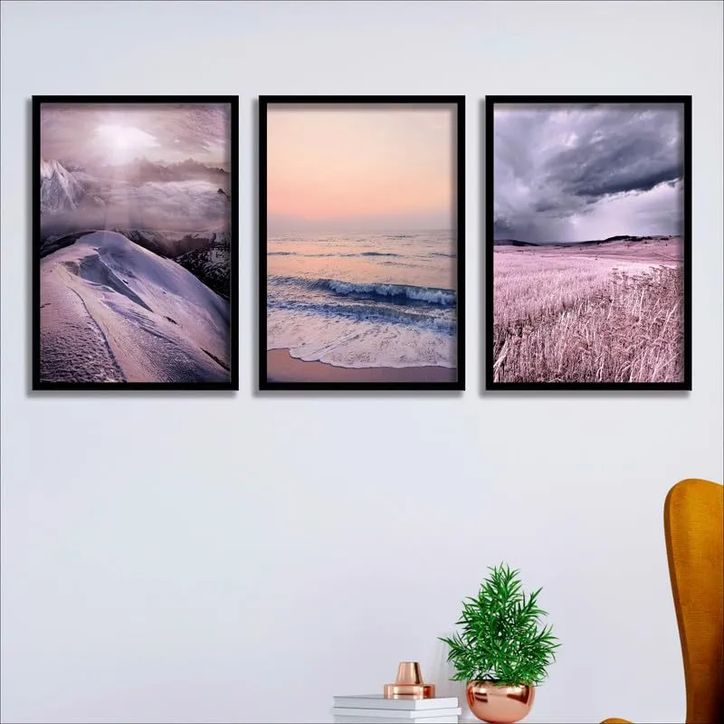 SAF paintings Set of 3 Sea Waves and mountain Wall Painting for Wall Decoration, Home Decor and Office OL-BLACKMX33508