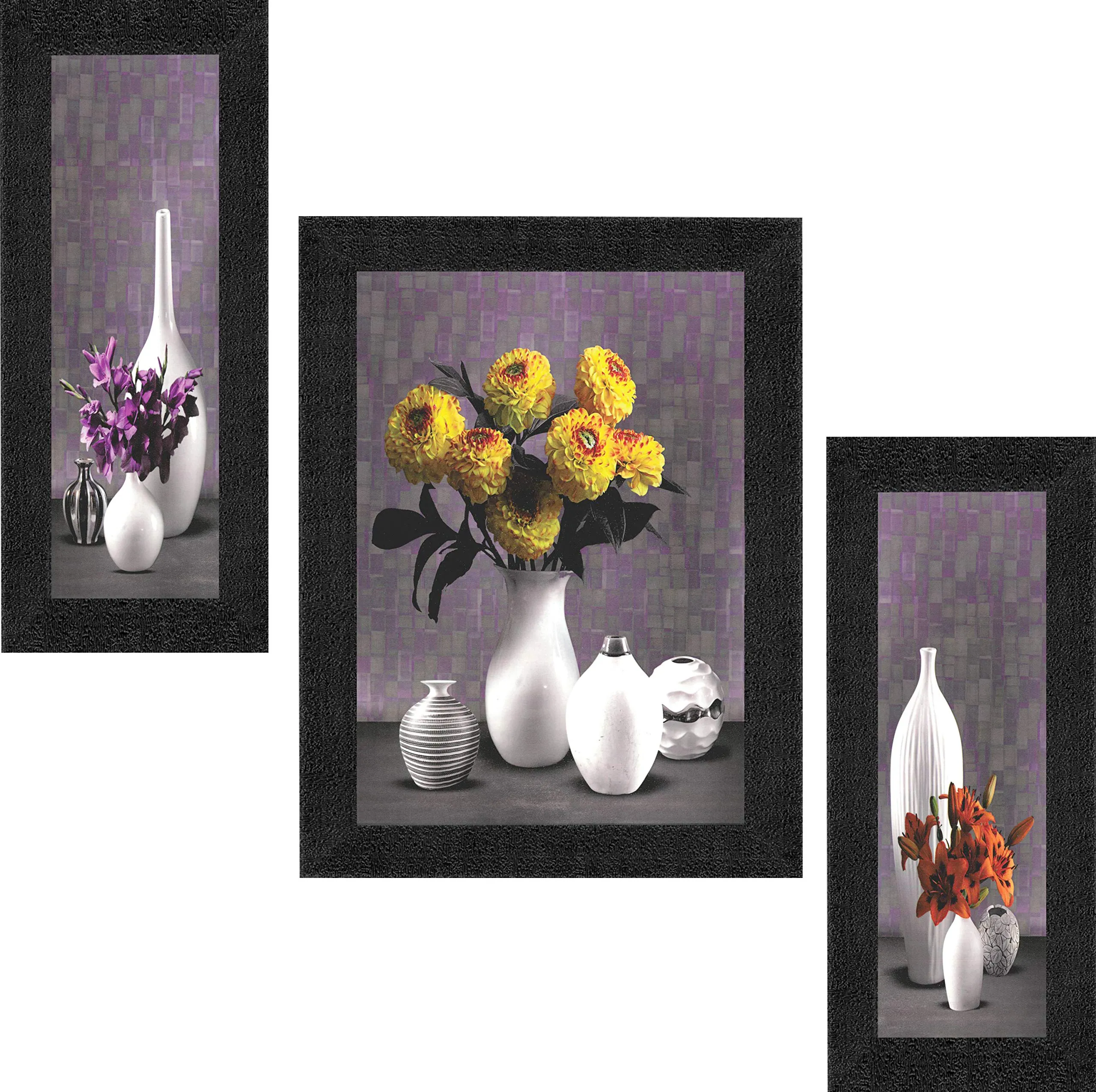 SAF Set of 3 Flower Floral Pot UV Coated Home Decorative Gift Item Framed Painting 13.5 inch X 22 inch SANFSA7478