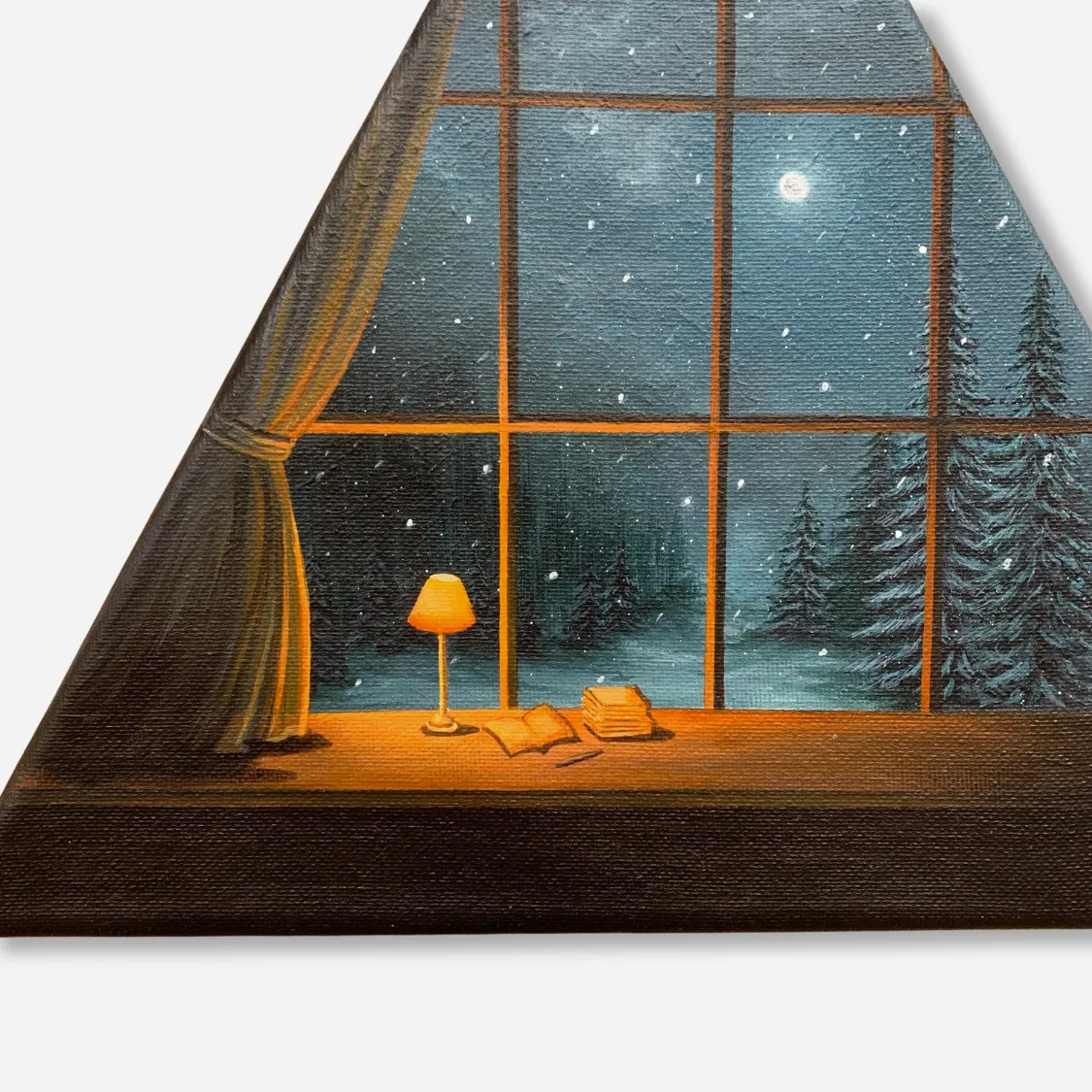 Snowfall Pine Trees Landscape in a Full Moon Night Sky through the Window of Warm  and Cozy Room