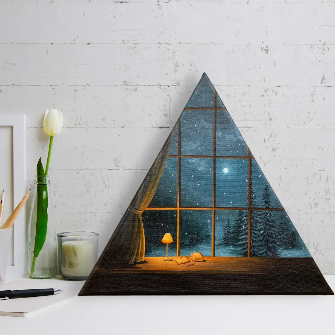 Snowfall Pine Trees Landscape in a Full Moon Night Sky through the Window of Warm  and Cozy Room