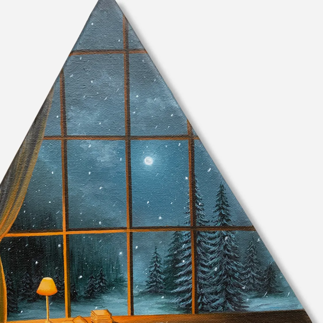 Snowfall Pine Trees Landscape in a Full Moon Night Sky through the Window of Warm  and Cozy Room