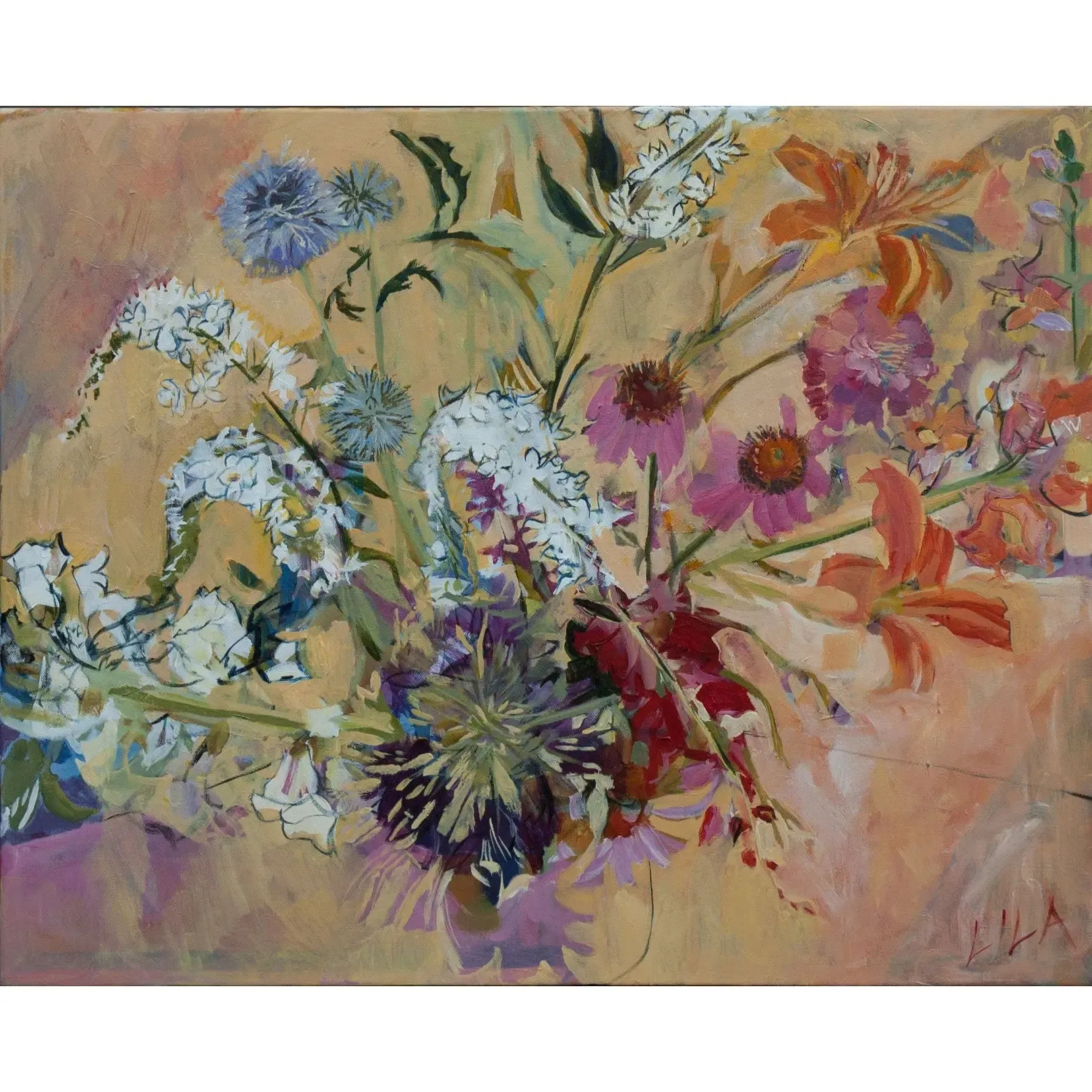 Sold July In Our Garden c-lb149 by Lila Bacon Floral Painting on Canvas