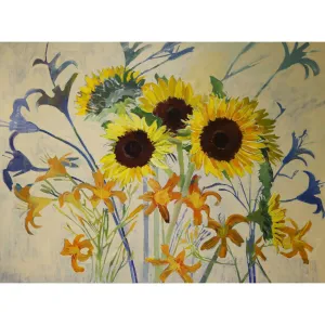 SOLD Sunflowers Lilies and Shadows c-lb236 by Lila Bacon Floral Painting on Canvas