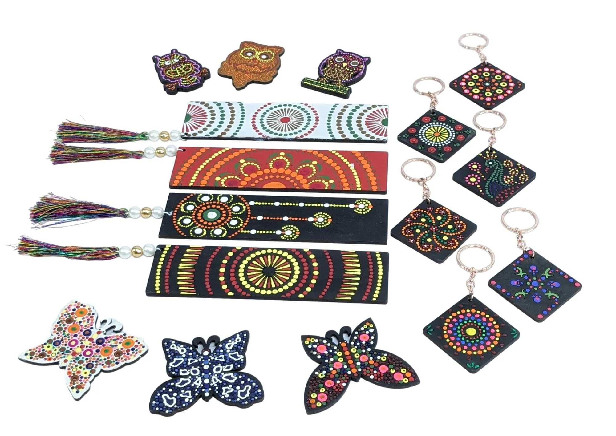 StepsToDo DIY 17 Pieces Ultimate Dot Mandala Painting Kit. Painting Kit with Pre-Mark Wooden Keychain (6), Fridge Magnets (7), Bookmark (4) Tools, Paint Brush, 6 Acrylic Colors, Color Pallet.