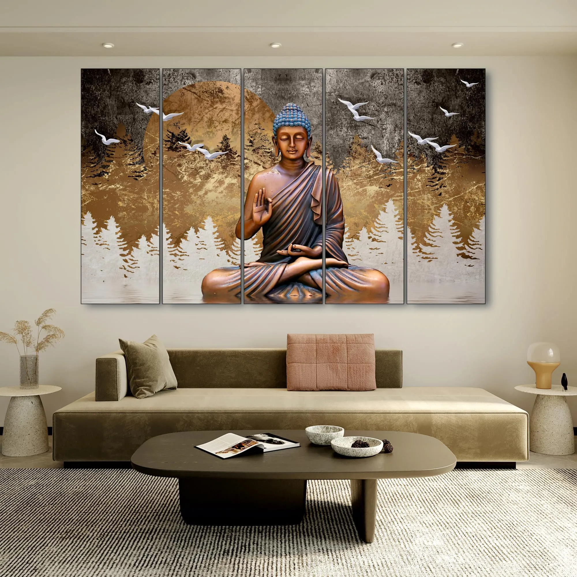 The Castle Decor Lord Budha meditating with frame 5 Big Size (27x48) Multiple Frames Wall Art Painting for living room,Bedroom,Drawing room,Hotels-Wooden Framed-Digital Painting