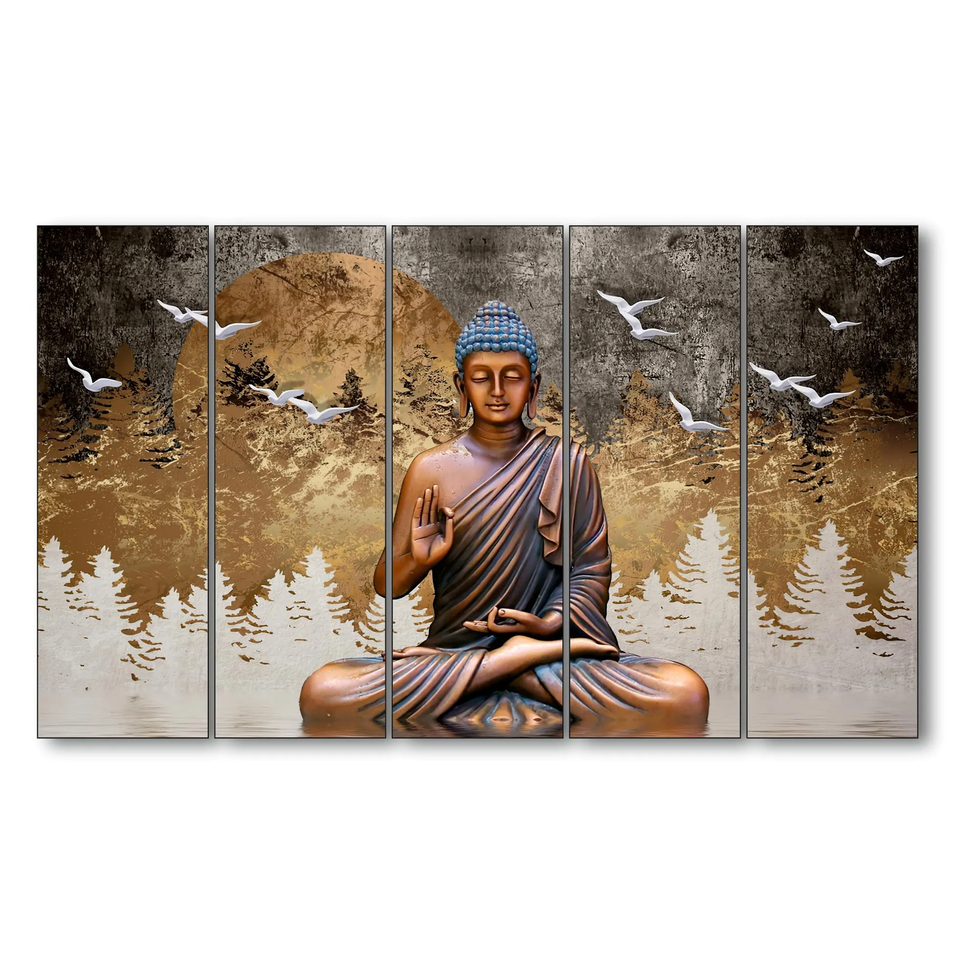 The Castle Decor Lord Budha meditating with frame 5 Big Size (27x48) Multiple Frames Wall Art Painting for living room,Bedroom,Drawing room,Hotels-Wooden Framed-Digital Painting