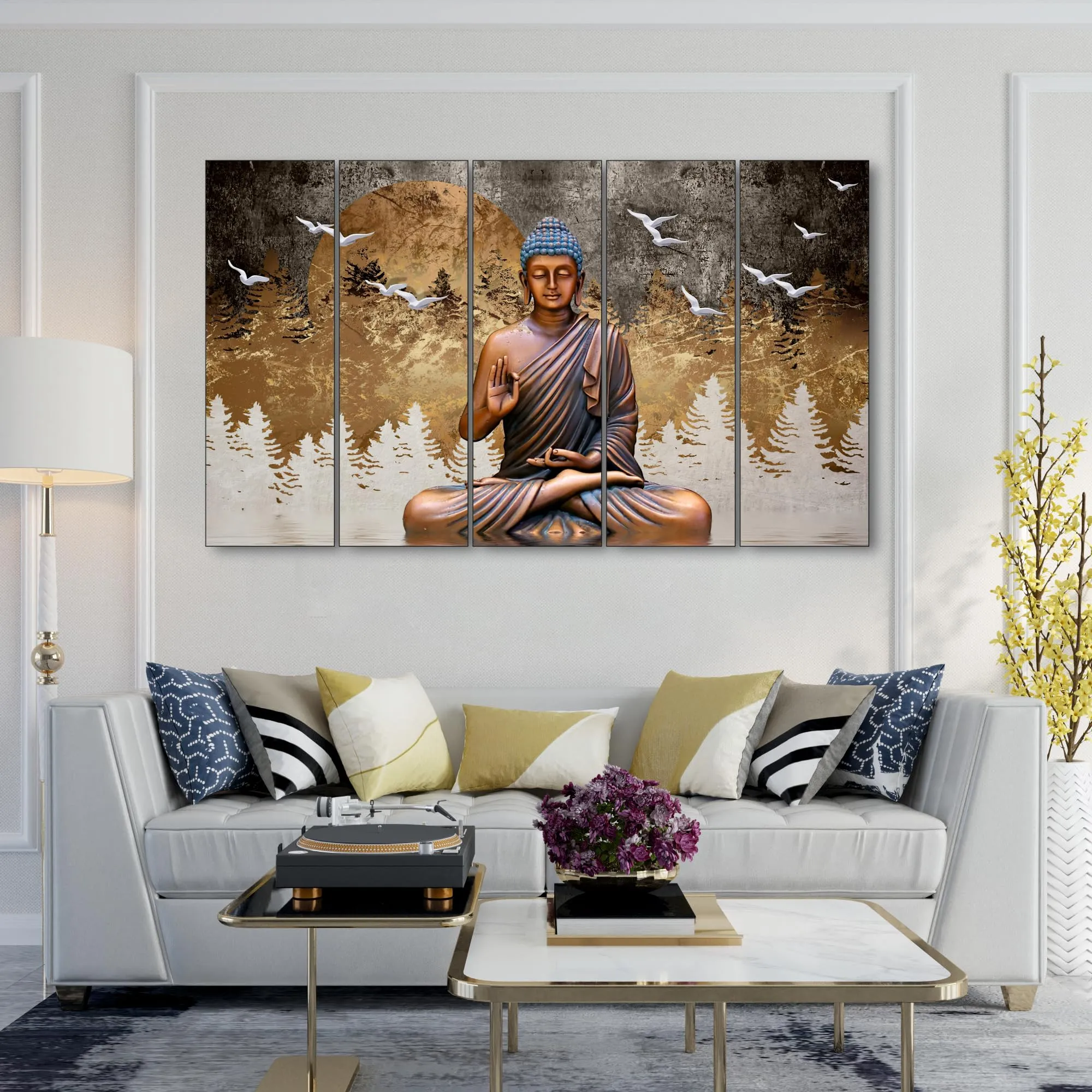 The Castle Decor Lord Budha meditating with frame 5 Big Size (27x48) Multiple Frames Wall Art Painting for living room,Bedroom,Drawing room,Hotels-Wooden Framed-Digital Painting