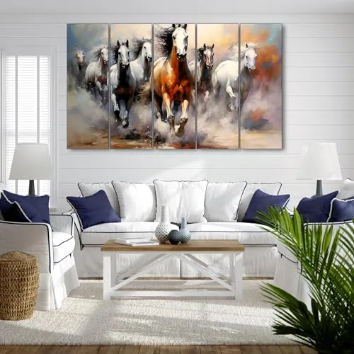 The Castle Decor Vaastu 7 Horses Set of 5 Big Size (27x48) Multiple Frames Wall Art Painting for living room,Bedroom,Drawing room,Hotels-Wooden Framed-Digital Painting