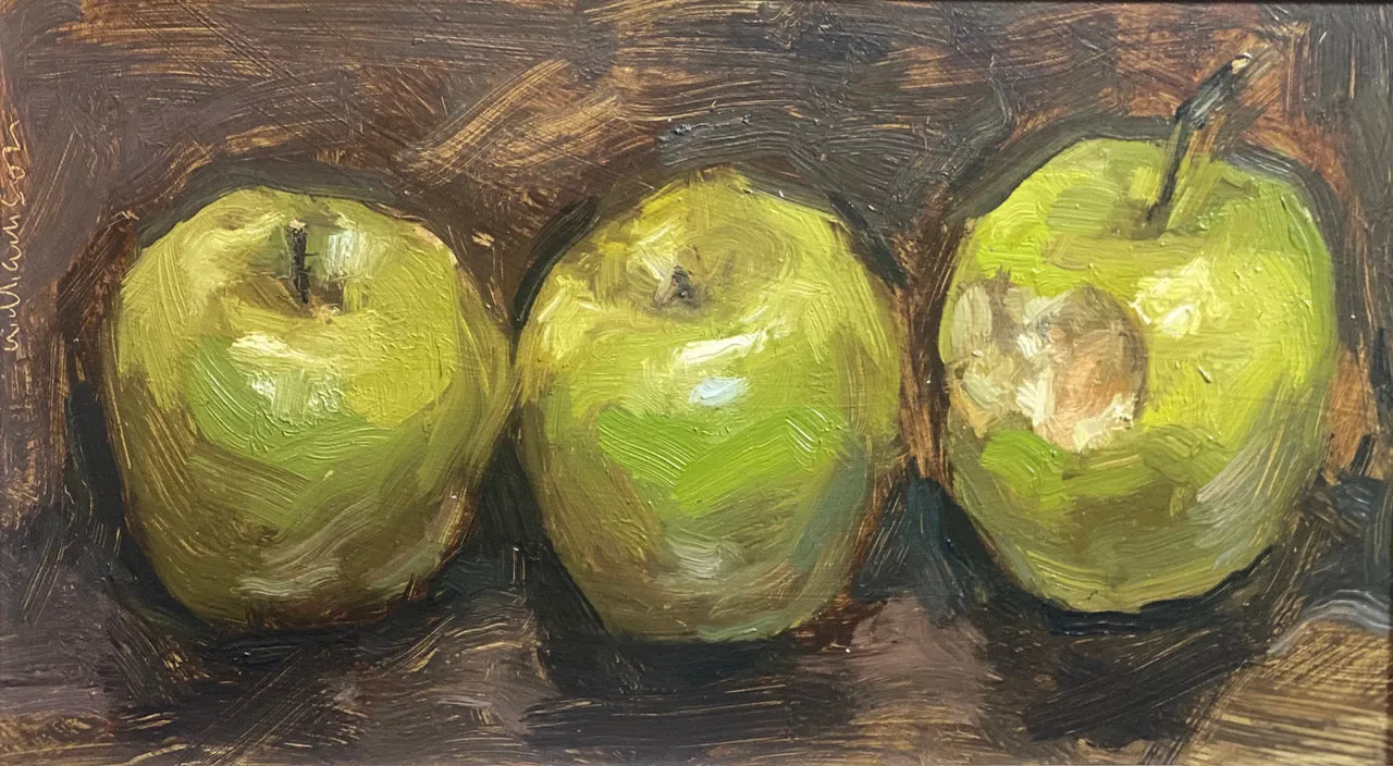 Three Green Apples (one with bite)