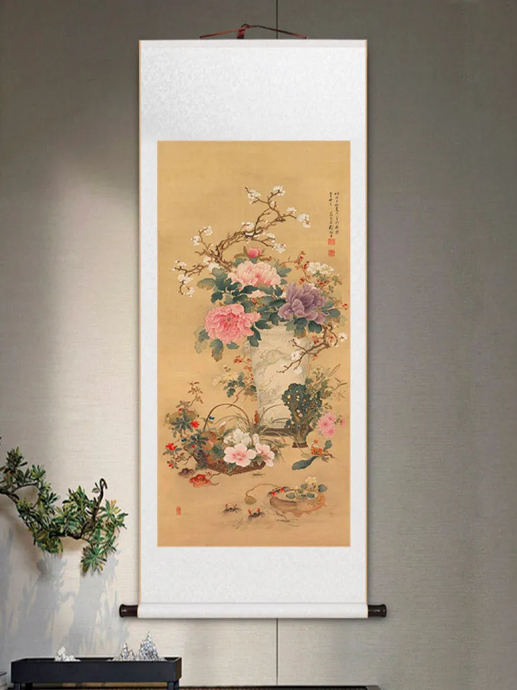 Traditional Chinese Classical Flower and Vase Silk Scroll Hanging Painting Chinese Style Wall Decoration Art