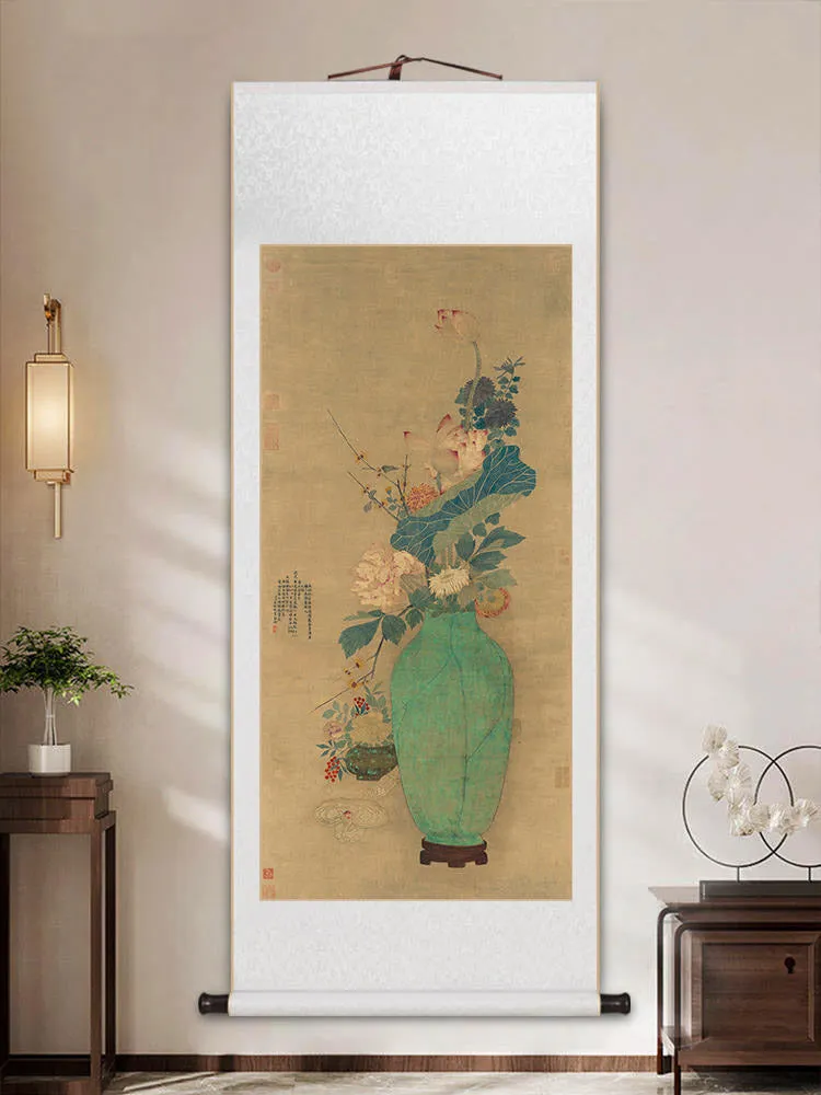 Traditional Chinese Classical Flower and Vase Silk Scroll Hanging Painting Chinese Style Wall Decoration Art