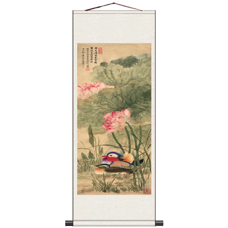 Traditional Chinese Painting Reproduction Mandarin Ducks and Ink Lotus, Mandarin Ducks Playing in Water Silk Scroll Hanging Painting