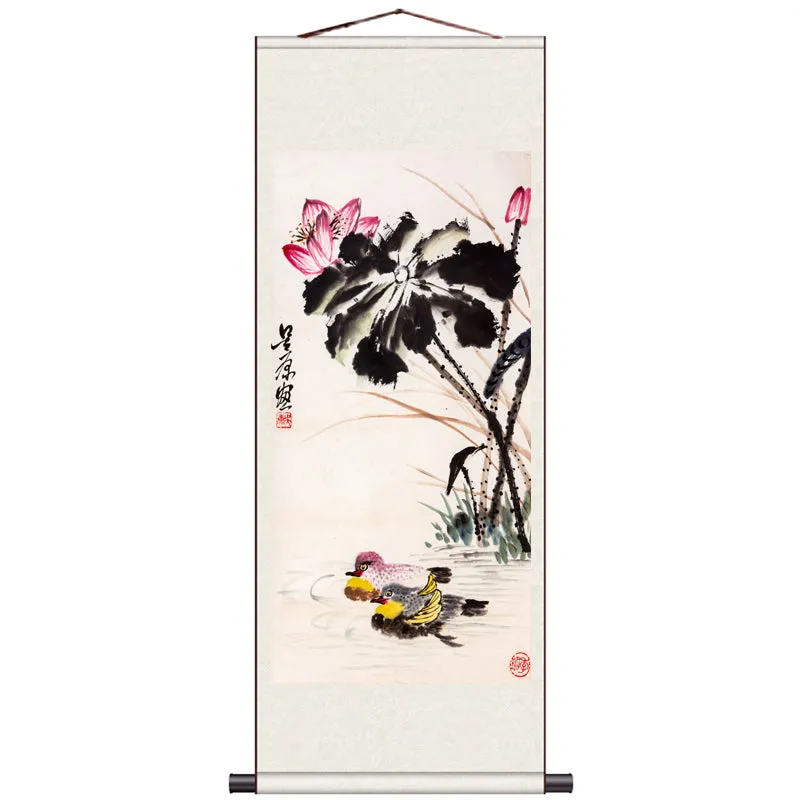 Traditional Chinese Painting Reproduction Mandarin Ducks and Ink Lotus, Mandarin Ducks Playing in Water Silk Scroll Hanging Painting