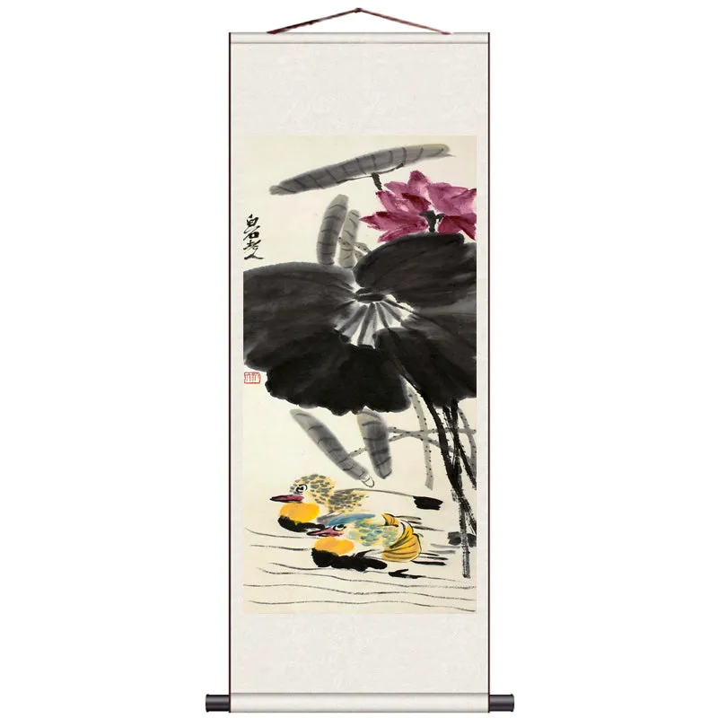 Traditional Chinese Painting Reproduction Mandarin Ducks and Ink Lotus, Mandarin Ducks Playing in Water Silk Scroll Hanging Painting