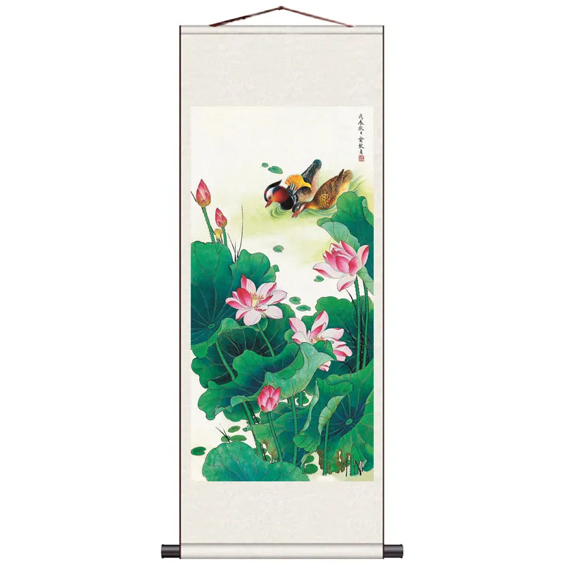 Traditional Chinese Painting Reproduction Mandarin Ducks and Ink Lotus, Mandarin Ducks Playing in Water Silk Scroll Hanging Painting