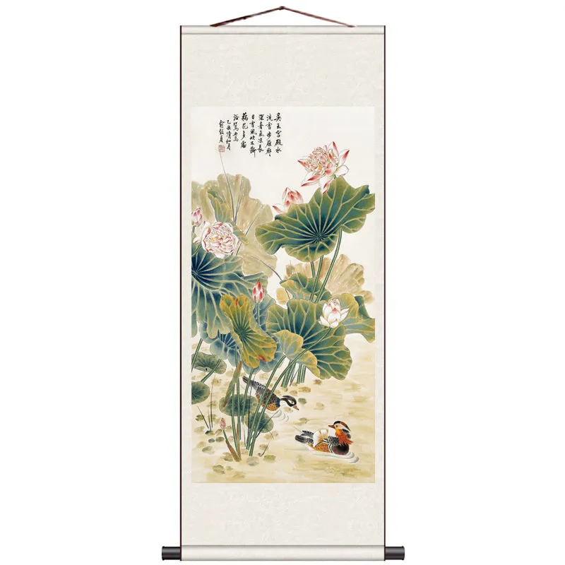 Traditional Chinese Painting Reproduction Mandarin Ducks and Ink Lotus, Mandarin Ducks Playing in Water Silk Scroll Hanging Painting