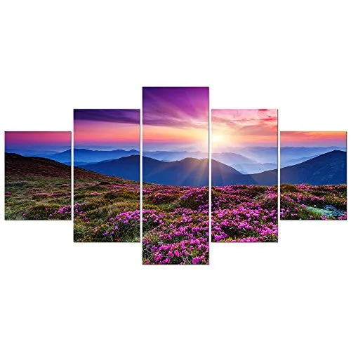 WIECO ART - LARGE SIZE MOUNTAINS IN SUNRISE 5 PANELS MODERN GICLEE CANVAS PRINTS ARTWORK LANDSCAPE PICTURES TO PHOTO PAINTINGS ON CANVAS WALL ART DÉCOR FOR LIVING ROOM BEDROOM